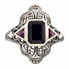 Detail view of Art Deco Style Black Onyx Filigree Ring w/ Ruby Accents highlighting Ruby, Black Onyx
