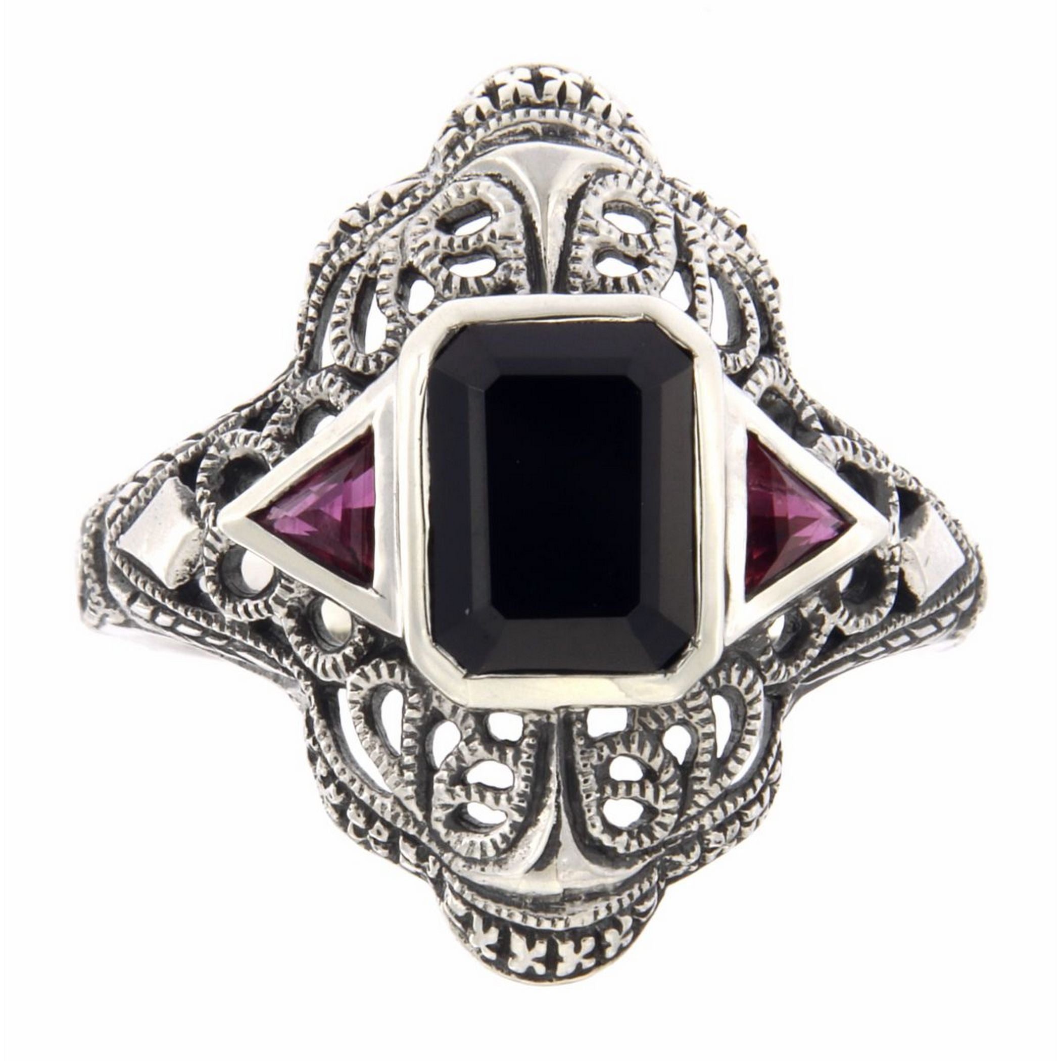 Detail view of Art Deco Style Black Onyx Filigree Ring w/ Ruby Accents highlighting Ruby, Black Onyx
