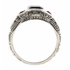 Back view of Art Deco Style Black Onyx Filigree Ring w/ Ruby Accents showing 925 sterling silver hallmark