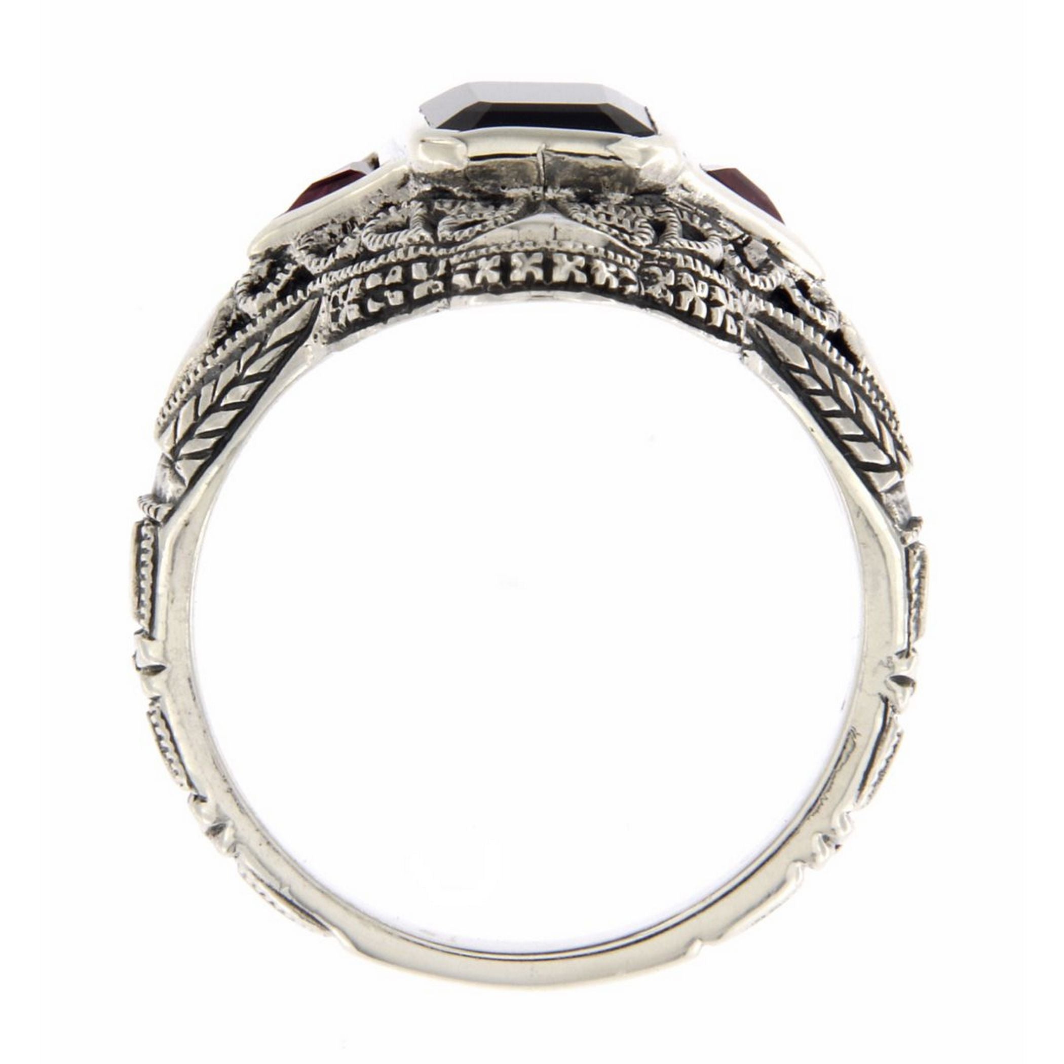 Back view of Art Deco Style Black Onyx Filigree Ring w/ Ruby Accents showing 925 sterling silver hallmark