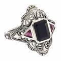 Art Deco style, Ruby, Black Onyx, sterling silver rings, front view