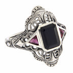 Art Deco style, Ruby, Black Onyx, sterling silver rings, front view