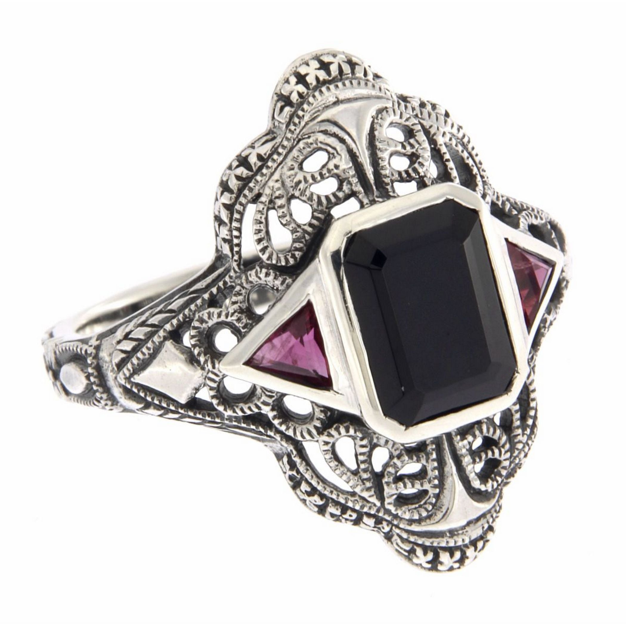 Art Deco style, Ruby, Black Onyx, sterling silver rings, front view