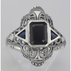 Detail view of Art Deco Style Black Onyx Filigree Ring Sapphire Accents Sterling Silver highlighting Sapphire, Black Onyx