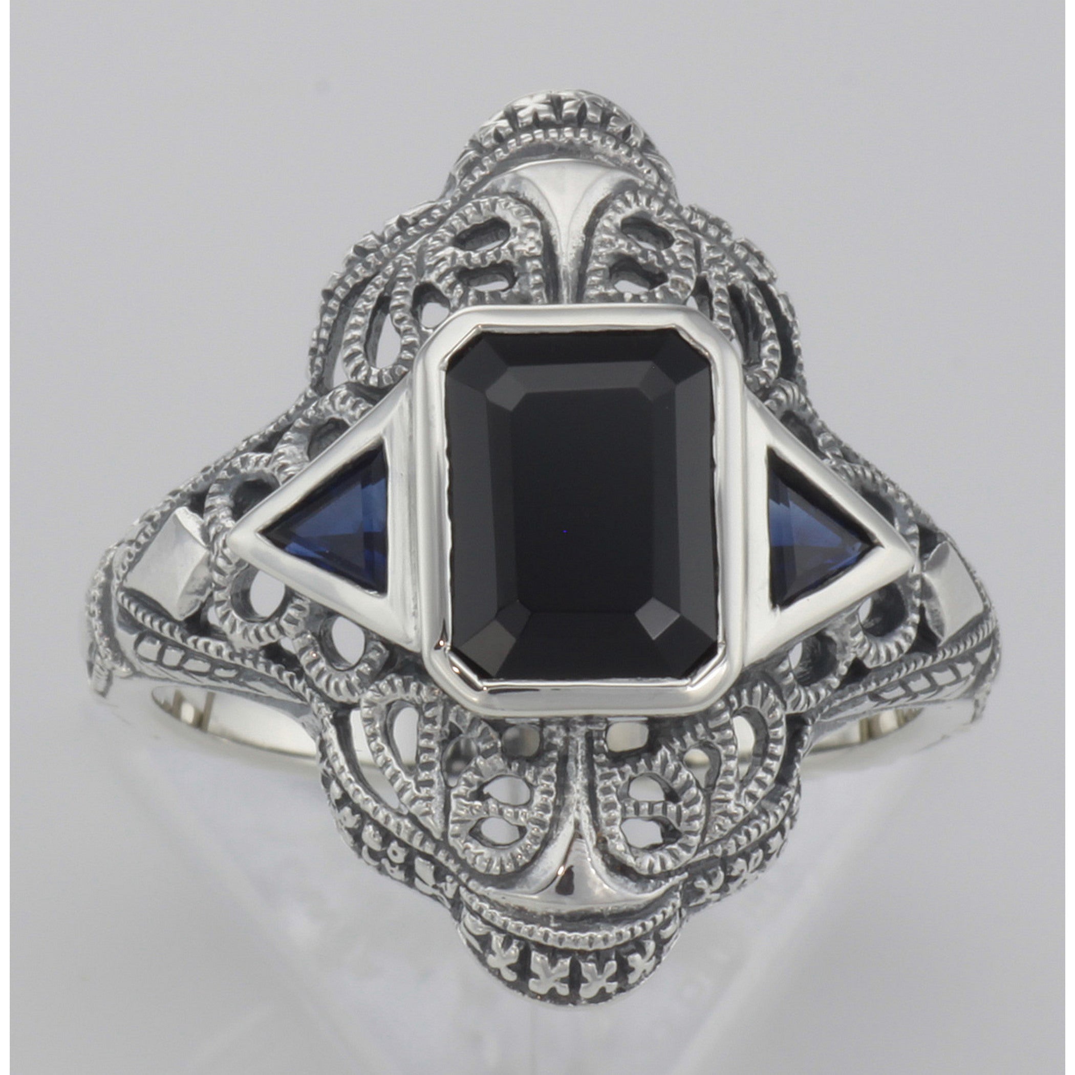 Detail view of Art Deco Style Black Onyx Filigree Ring Sapphire Accents Sterling Silver highlighting Sapphire, Black Onyx