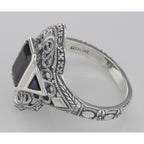 Back view of Art Deco Style Black Onyx Filigree Ring Sapphire Accents Sterling Silver showing 925 sterling silver hallmark