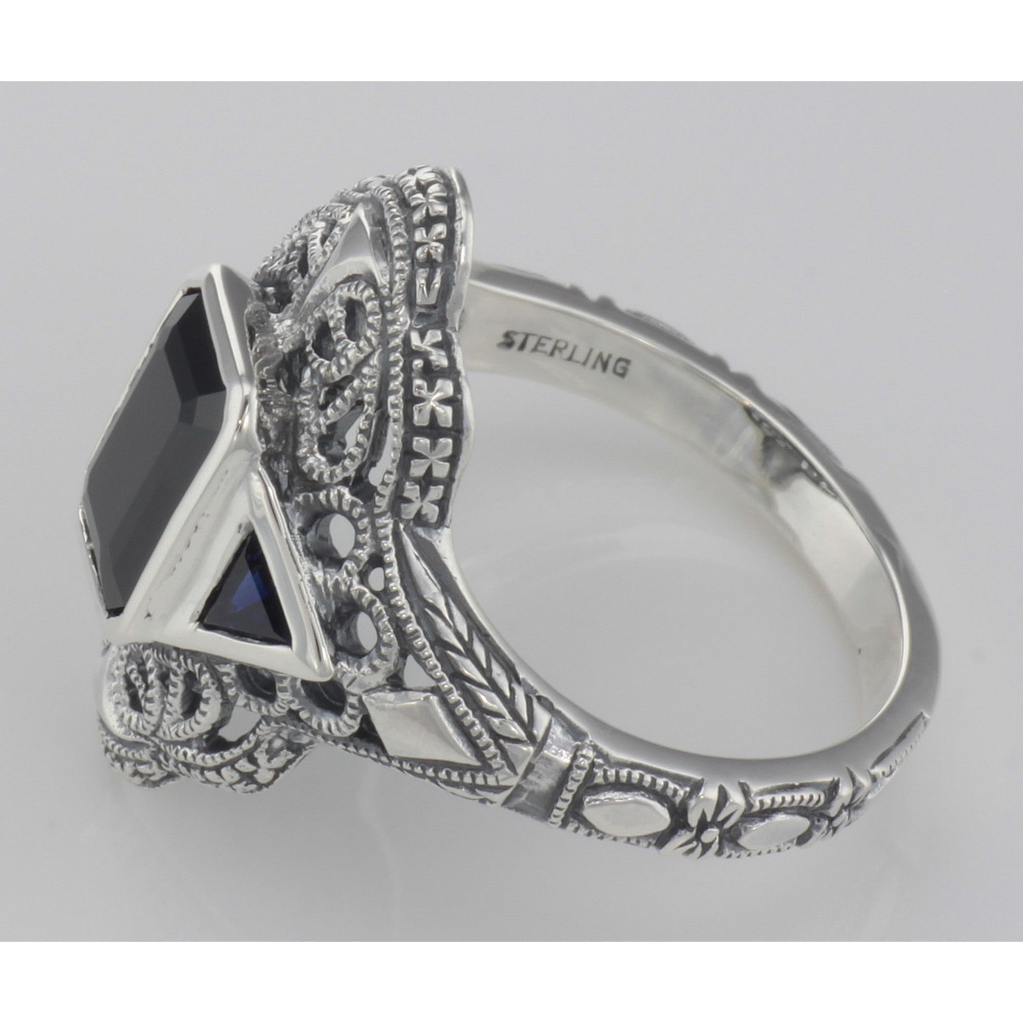 Back view of Art Deco Style Black Onyx Filigree Ring Sapphire Accents Sterling Silver showing 925 sterling silver hallmark