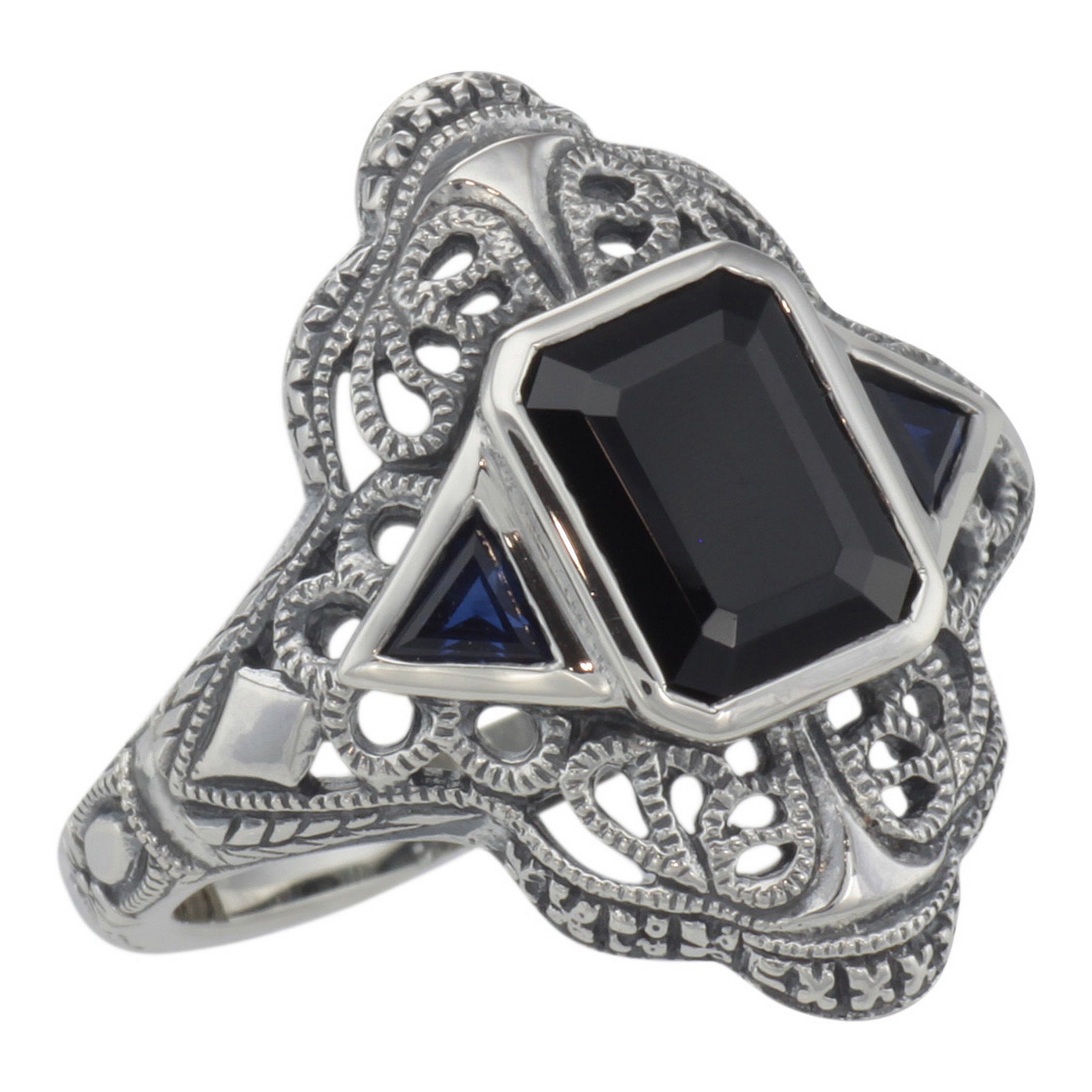 Art Deco style, Sapphire, Black Onyx, sterling silver rings, front view