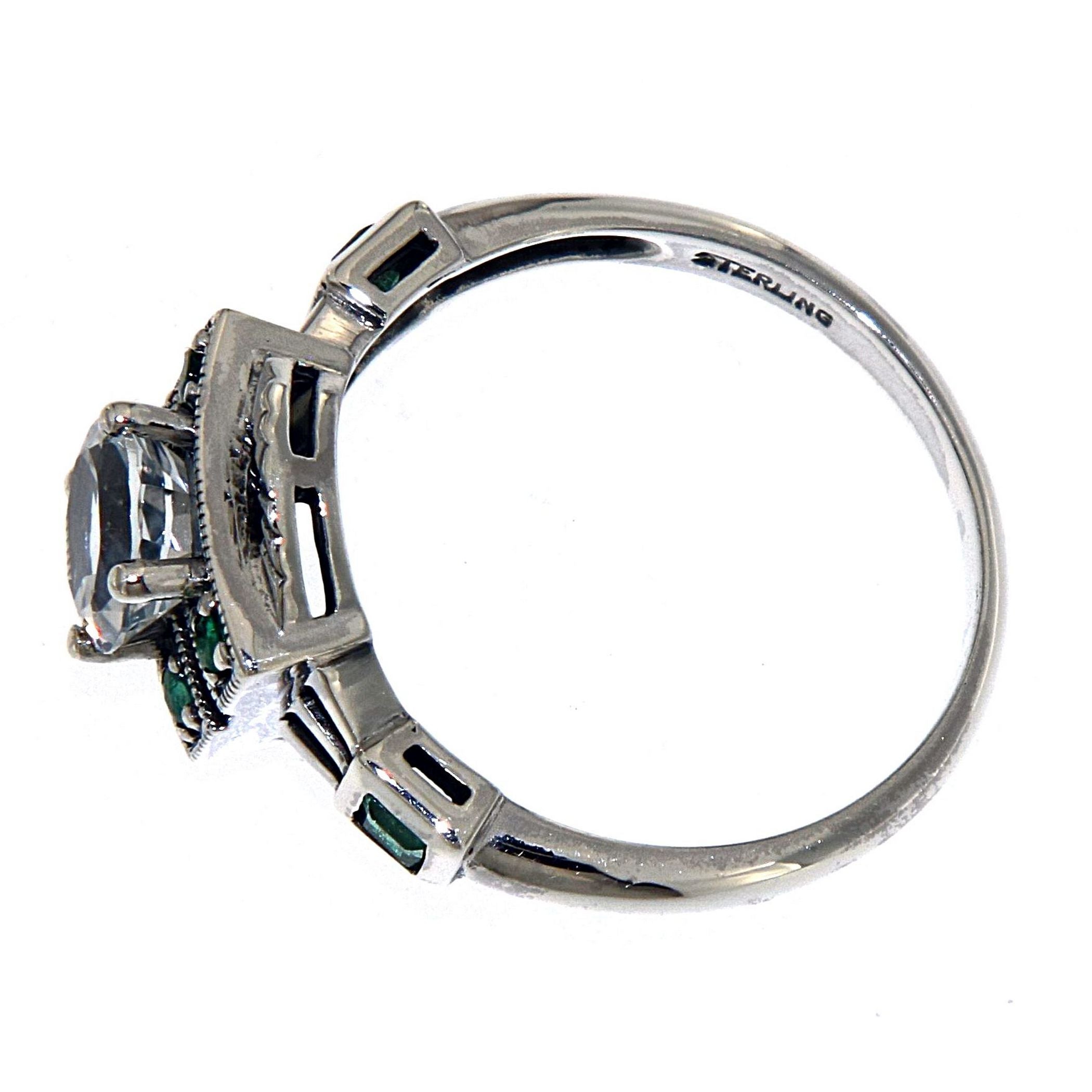 Detail view of White Topaz / Emerald Filigree Ring - Art Deco Style highlighting White Topaz, Emerald