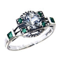 Art Deco style, White Topaz, Emerald, sterling silver rings, front view