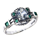 Art Deco style, White Topaz, Emerald, sterling silver rings, front view