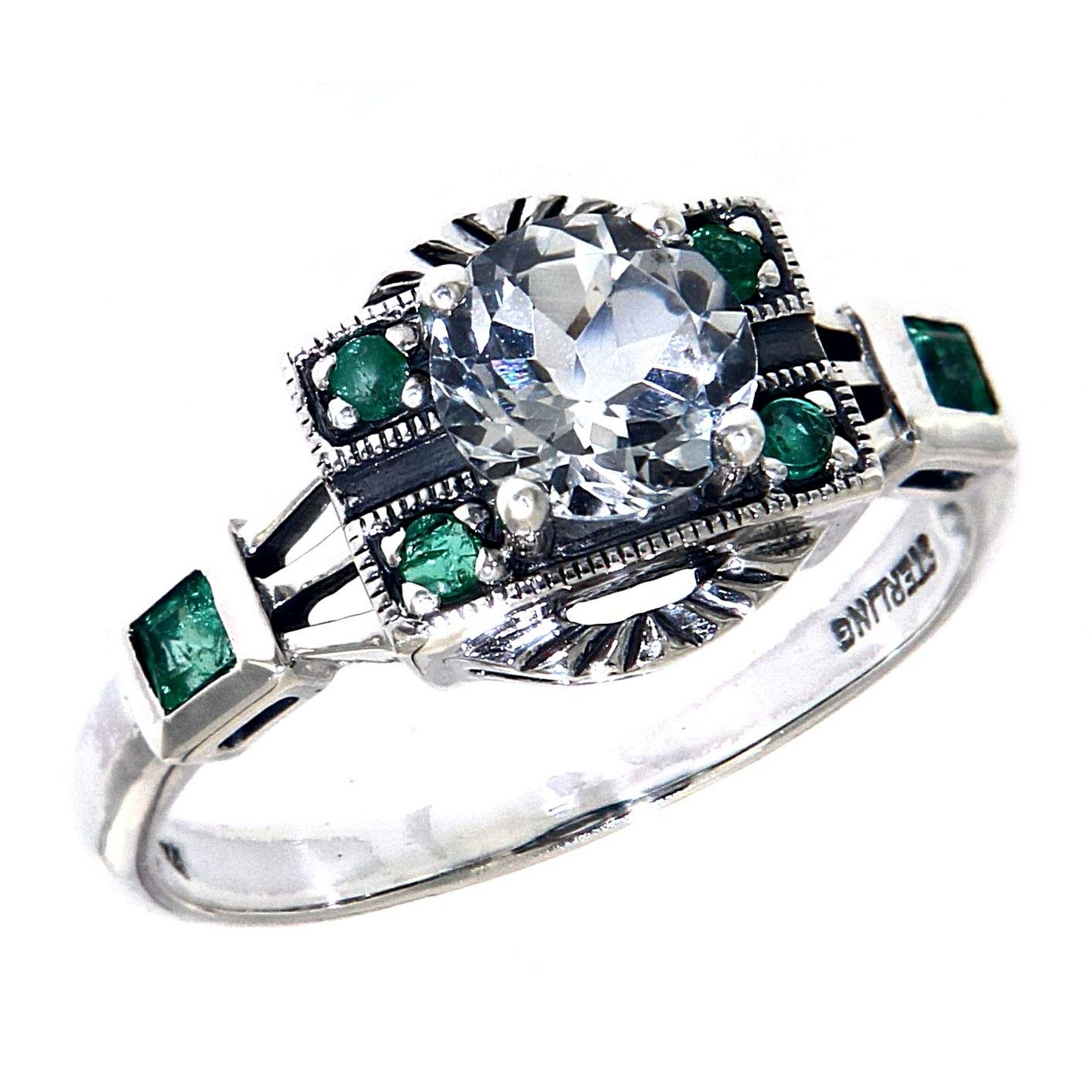 Art Deco style, White Topaz, Emerald, sterling silver rings, front view