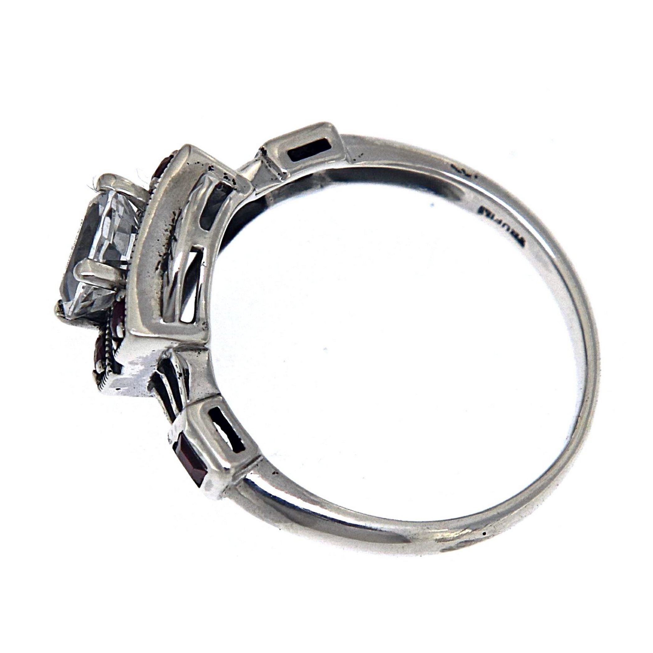 Detail view of White Topaz / Ruby Filigree Ring - Art Deco Style highlighting White Topaz, Ruby