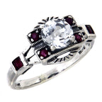 Art Deco style, White Topaz, Ruby, sterling silver rings, front view