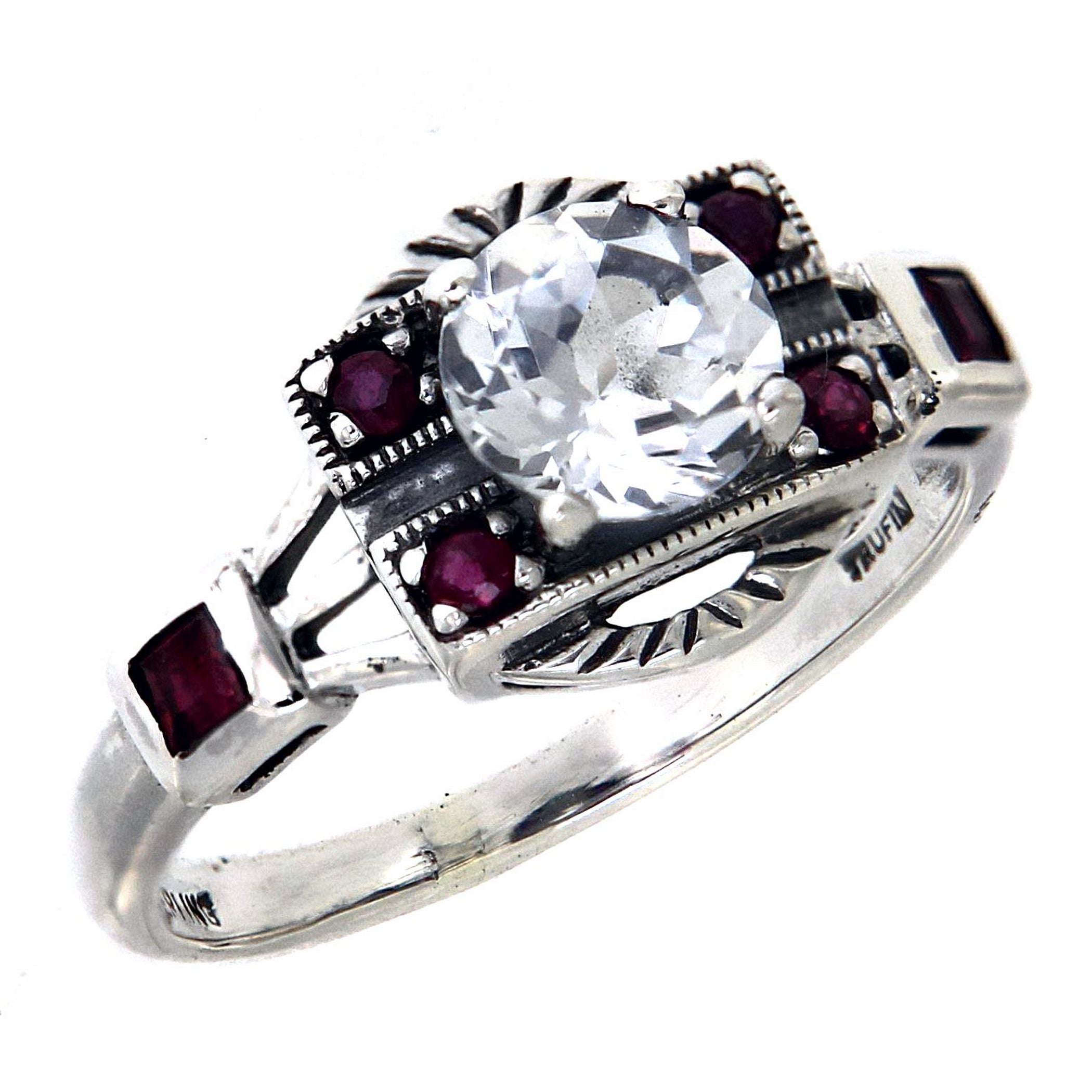 Art Deco style, White Topaz, Ruby, sterling silver rings, front view