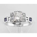 Detail view of White Topaz / Sapphire Filigree Ring - Art Deco Style highlighting White Topaz, Sapphire