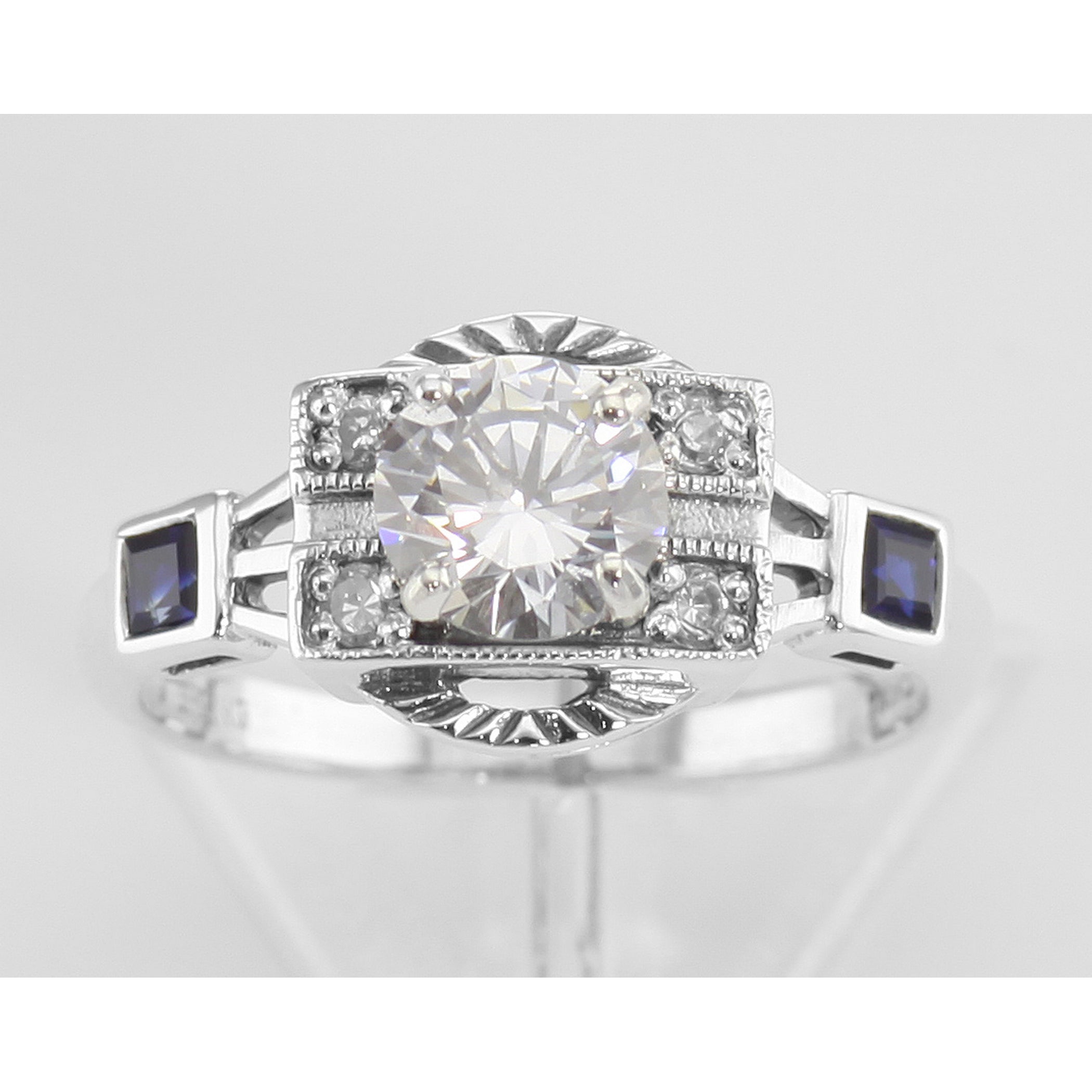 Detail view of White Topaz / Sapphire Filigree Ring - Art Deco Style highlighting White Topaz, Sapphire