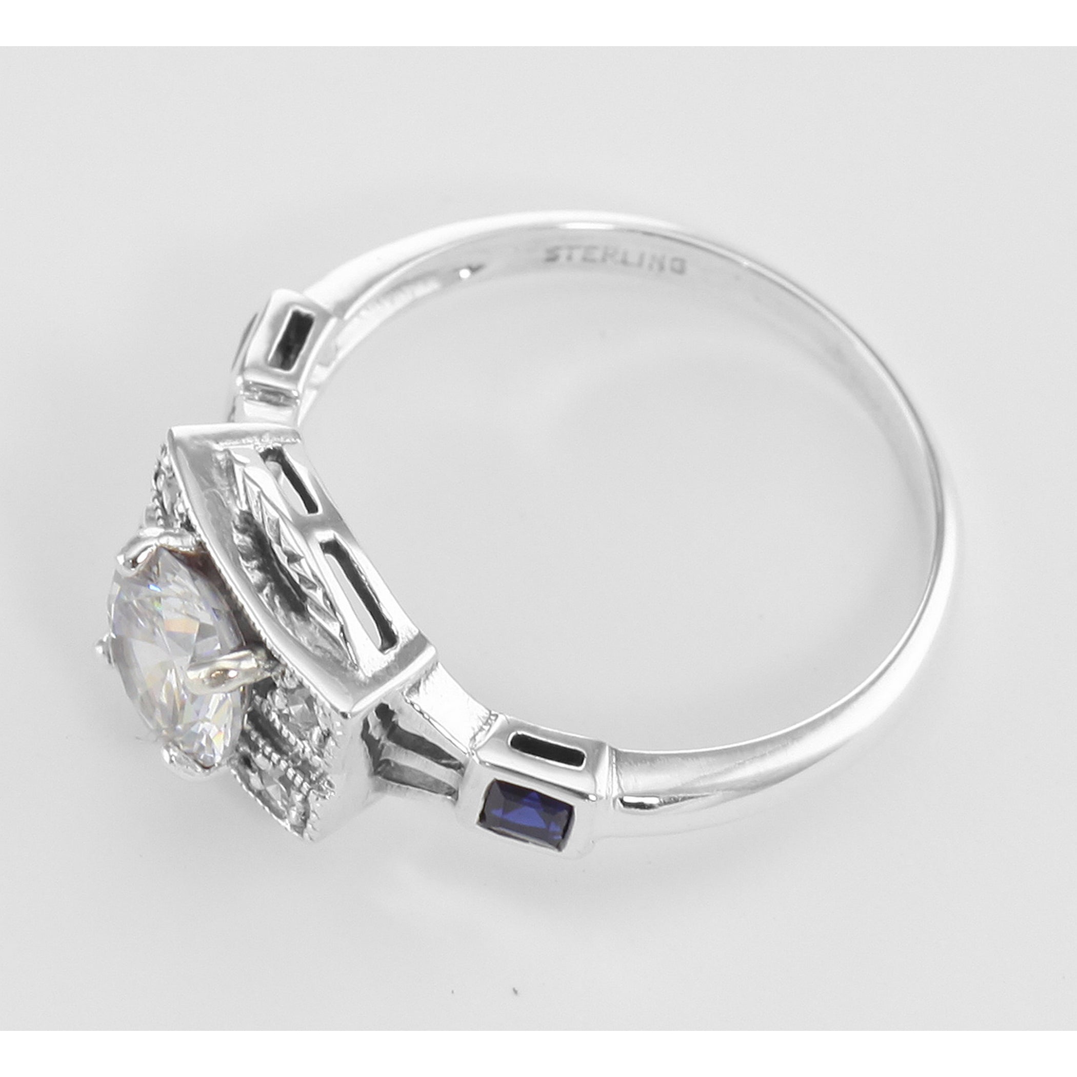 Back view of White Topaz / Sapphire Filigree Ring - Art Deco Style showing 925 sterling silver hallmark