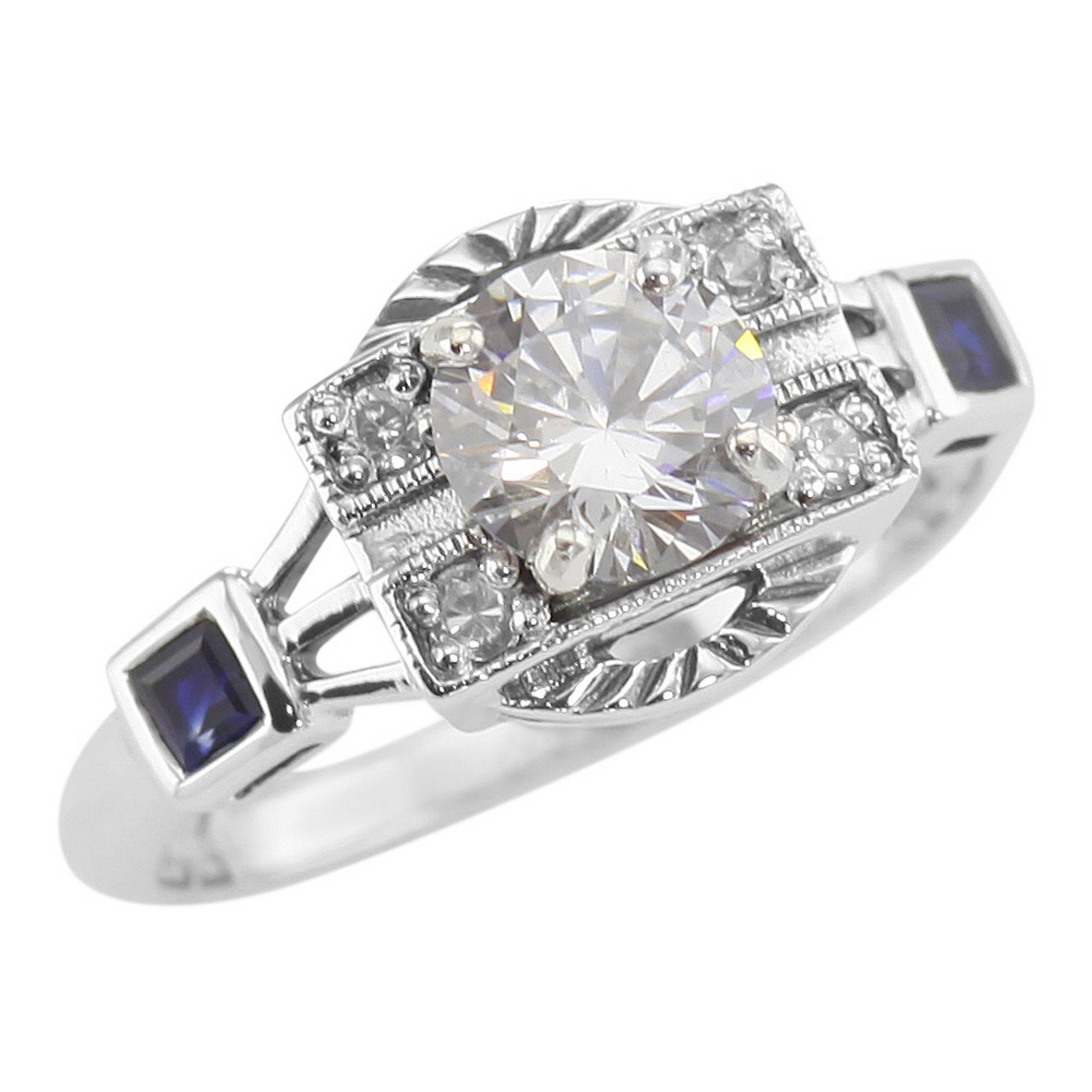 Art Deco style, White Topaz, Sapphire, sterling silver rings, front view