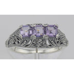 Detail view of Art Deco Style Sterling Silver Filigree Ring 3 Princess Cut Amethyst Gems highlighting Amethyst
