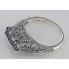 Back view of Art Deco Style Sterling Silver Filigree Ring 3 Princess Cut Amethyst Gems showing 925 sterling silver hallmark
