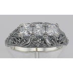 Back view of Art Deco Style Sterling Silver Filigree Ring w/ 3 Princess Cut White Topaz showing 925 sterling silver hallmark