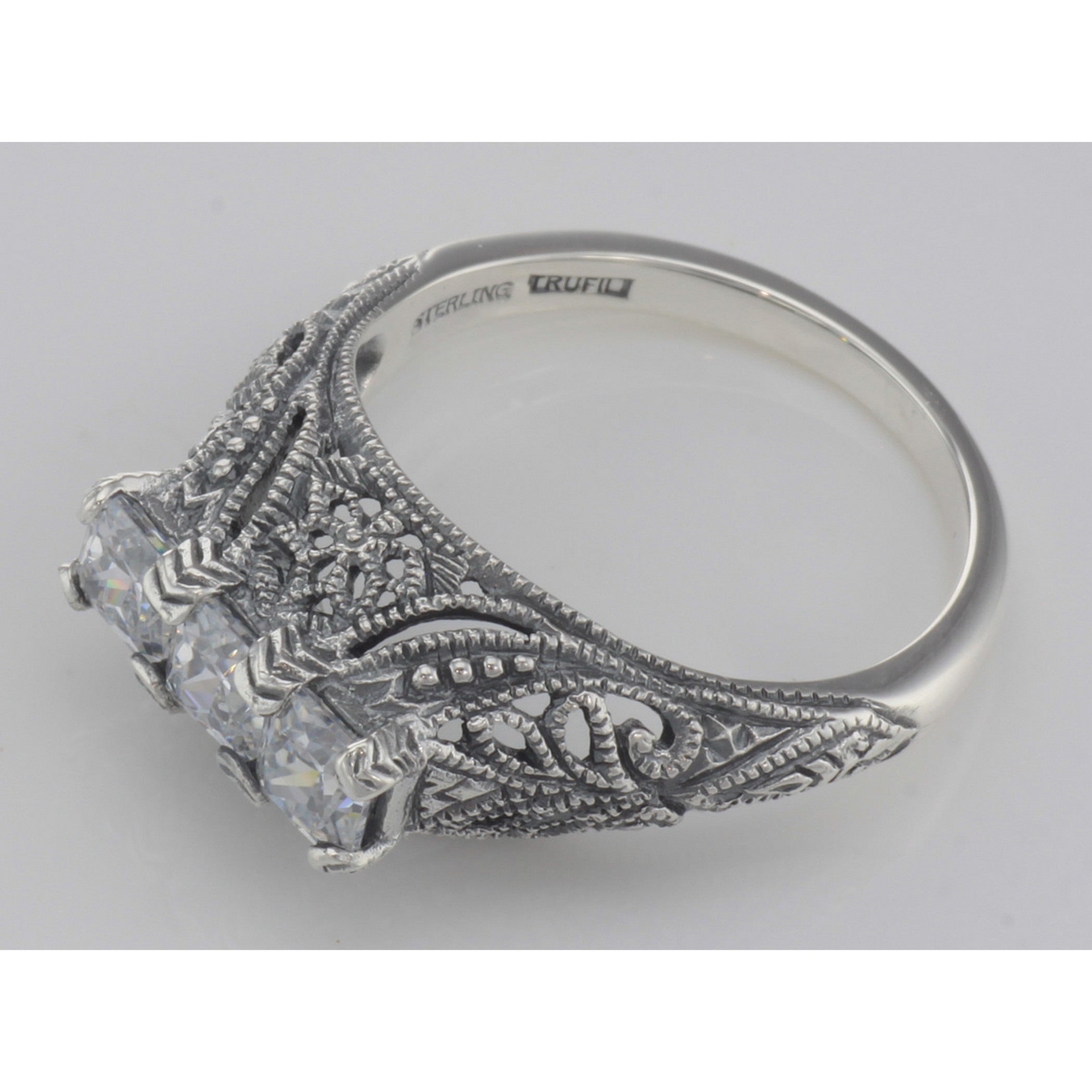 Detail view of Art Deco Style Sterling Silver Filigree Ring w/ 3 Princess Cut White Topaz highlighting White Topaz