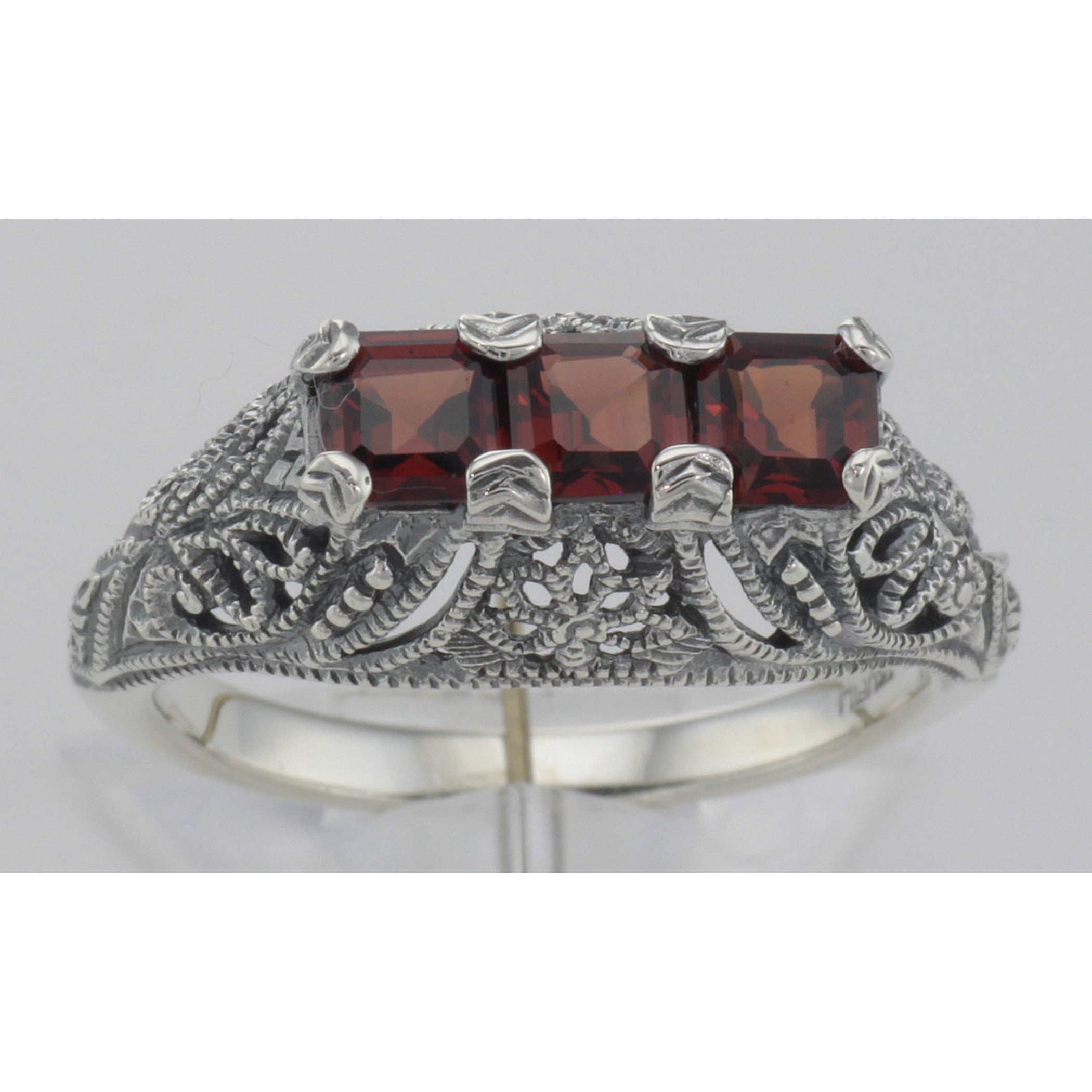 Detail view of Art Deco Sterling Silver Filigree Ring 3 Princess Cut Natural Red Garnet highlighting Garnet