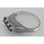 Back view of Art Deco Sterling Silver Filigree Ring 3 Princess Cut Natural Red Garnet showing 925 sterling silver hallmark