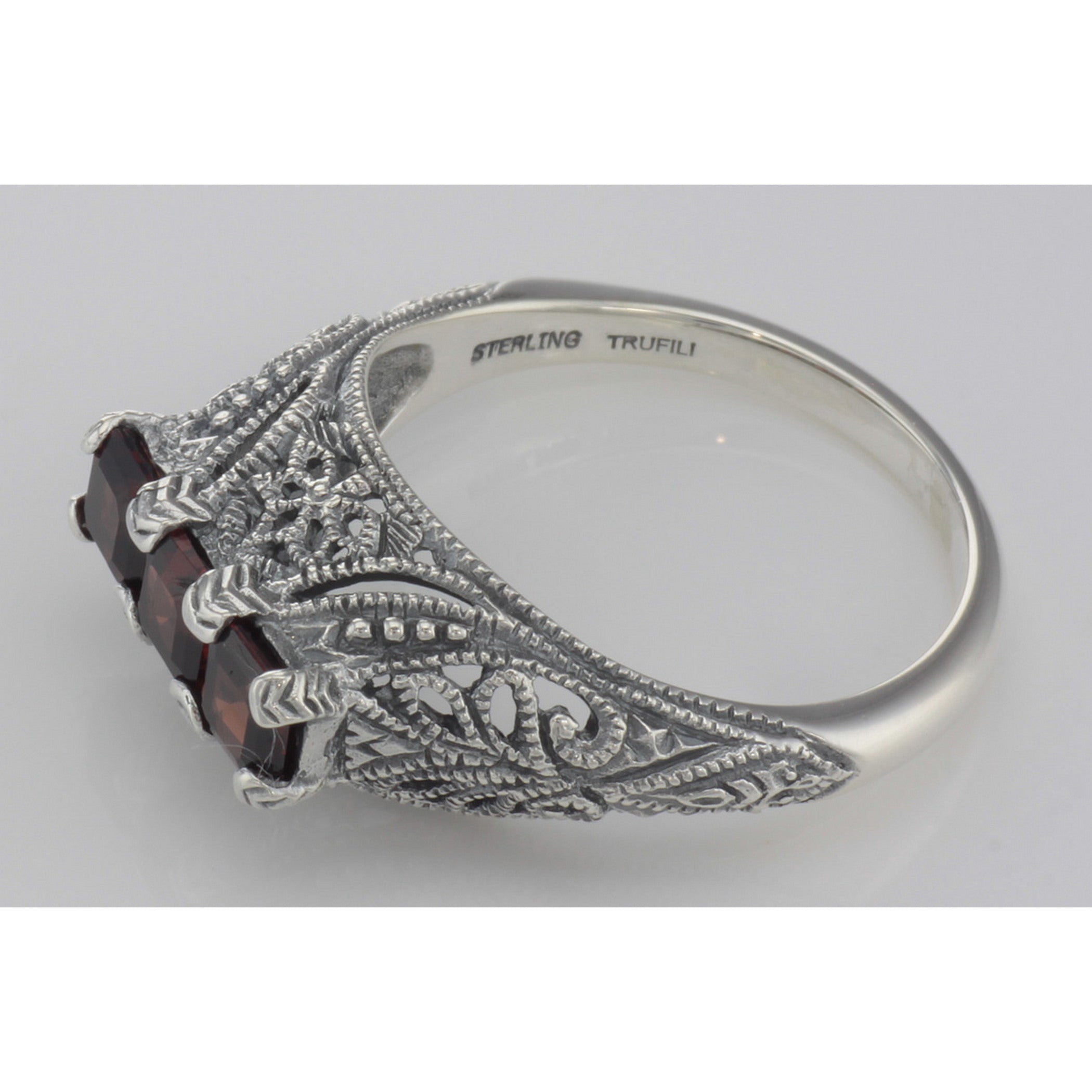Back view of Art Deco Sterling Silver Filigree Ring 3 Princess Cut Natural Red Garnet showing 925 sterling silver hallmark