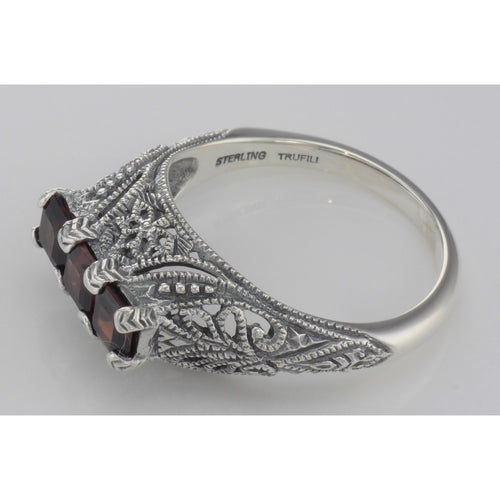Back view of Art Deco Sterling Silver Filigree Ring 3 Princess Cut Natural Red Garnet showing 925 sterling silver hallmark