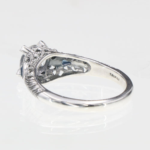 Back view of Art Deco Filigree Ring w/ White Topaz and Blue Sapphires showing 925 sterling silver hallmark