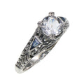 Art Deco style, White Topaz, Sapphire, sterling silver rings, front view