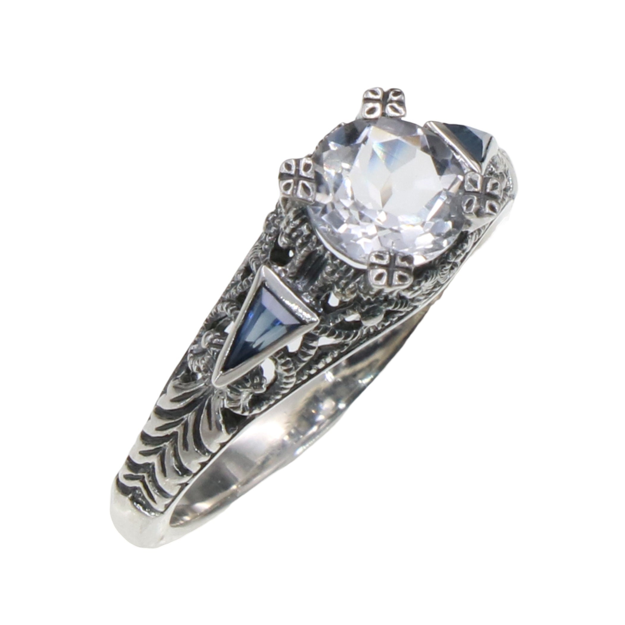 Art Deco style, White Topaz, Sapphire, sterling silver rings, front view