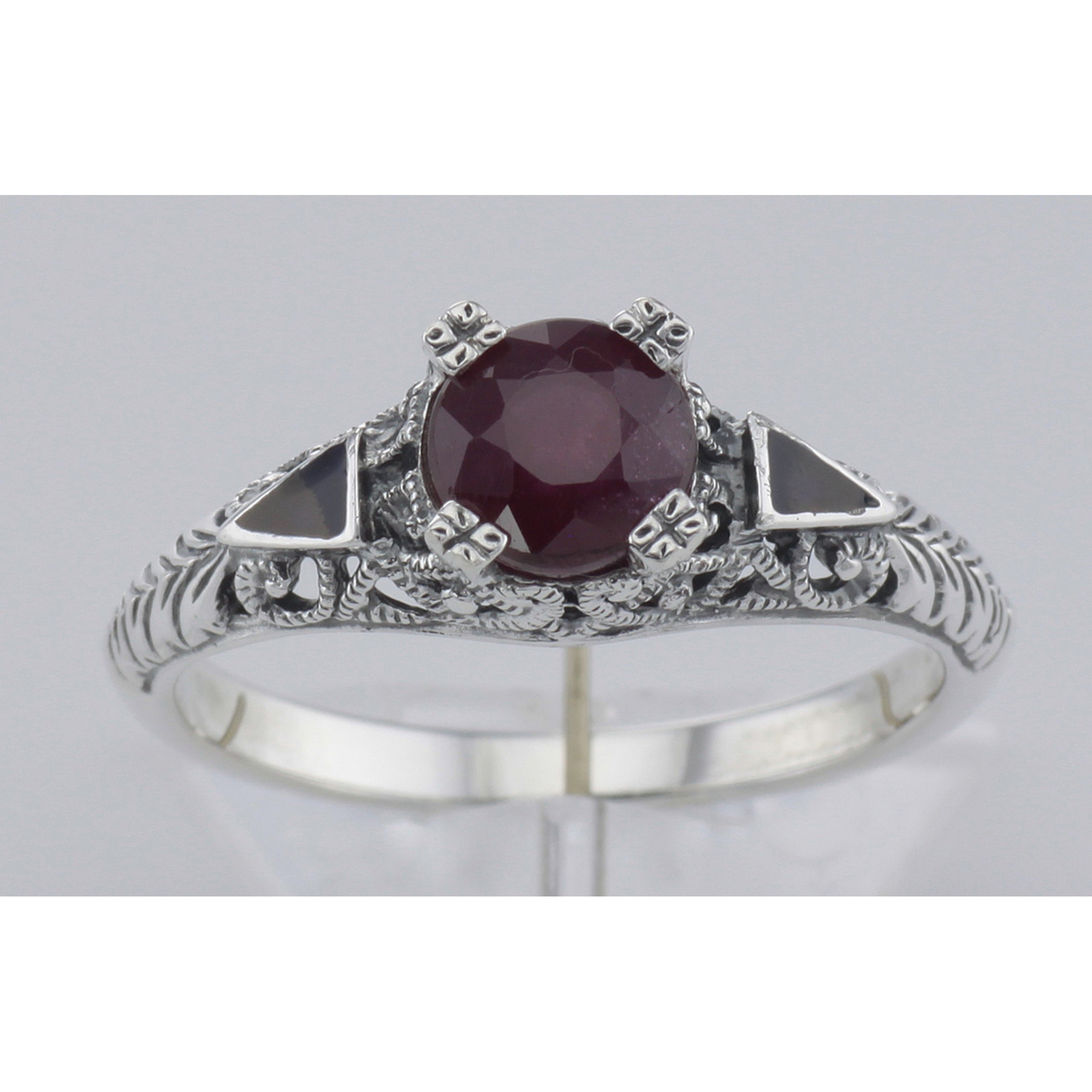 Detail view of Art Deco Style Ruby Ring and Enamel highlighting Ruby