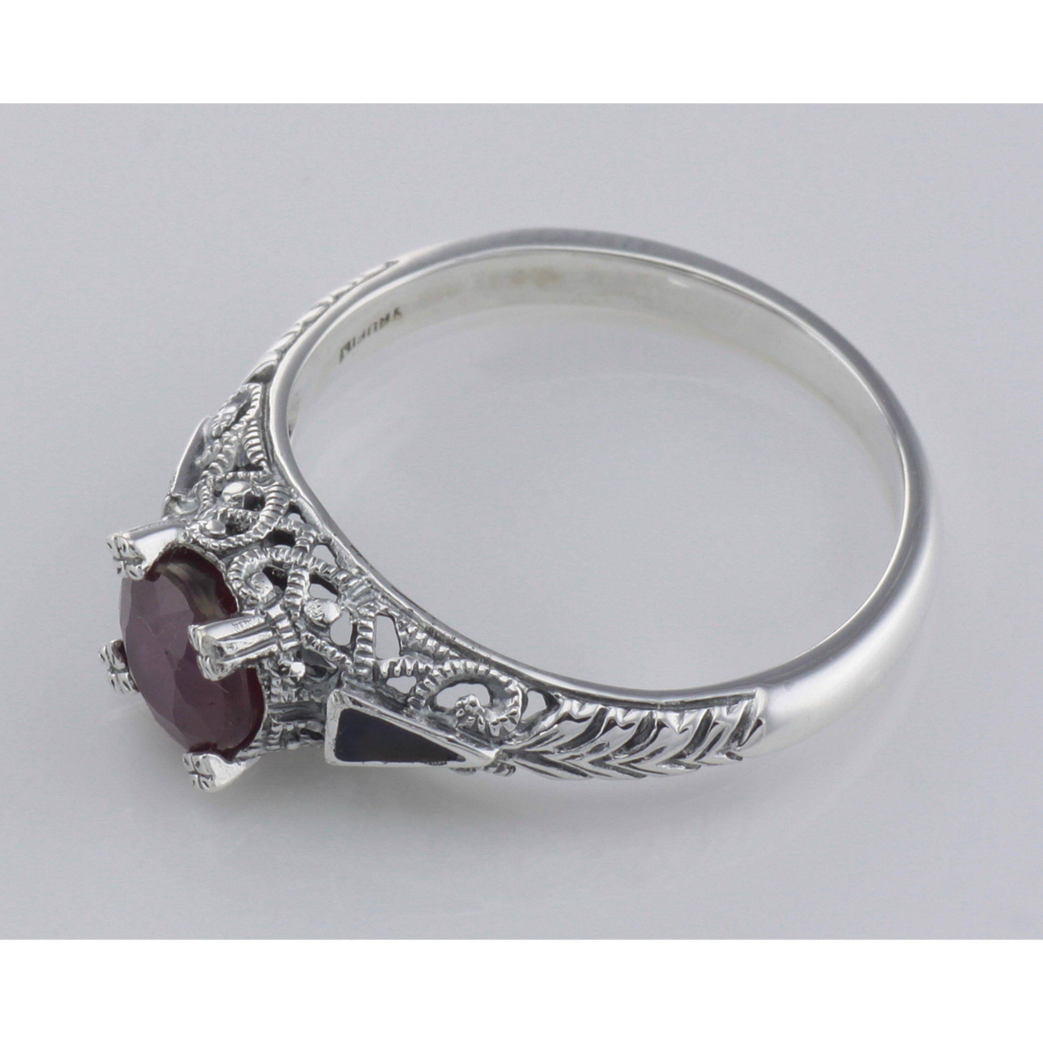 Back view of Art Deco Style Ruby Ring and Enamel showing 925 sterling silver hallmark