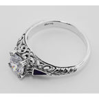 Back view of Art Deco Filigree Ring w/ White Topaz and Enamel showing 925 sterling silver hallmark
