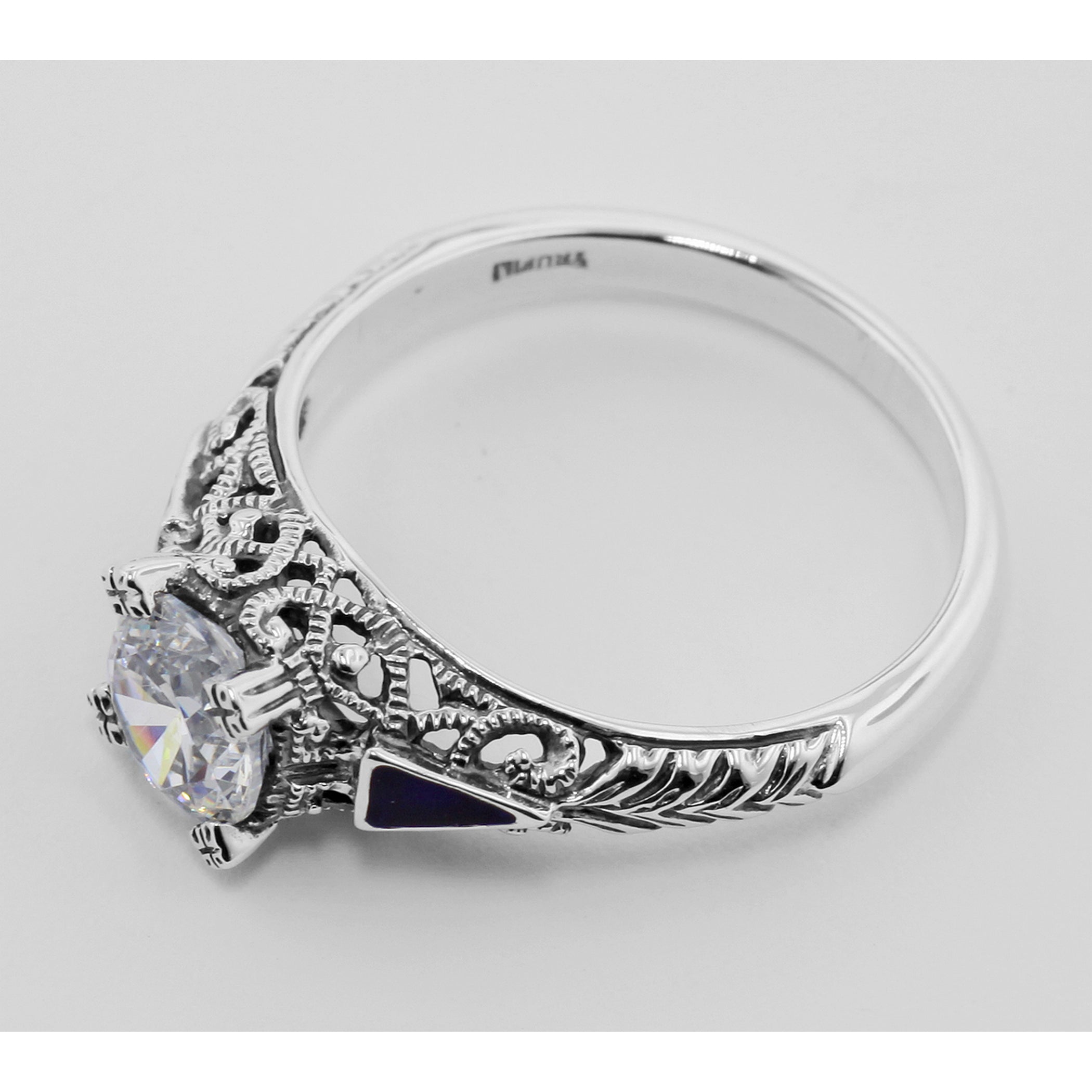 Back view of Art Deco Filigree Ring w/ White Topaz and Enamel showing 925 sterling silver hallmark