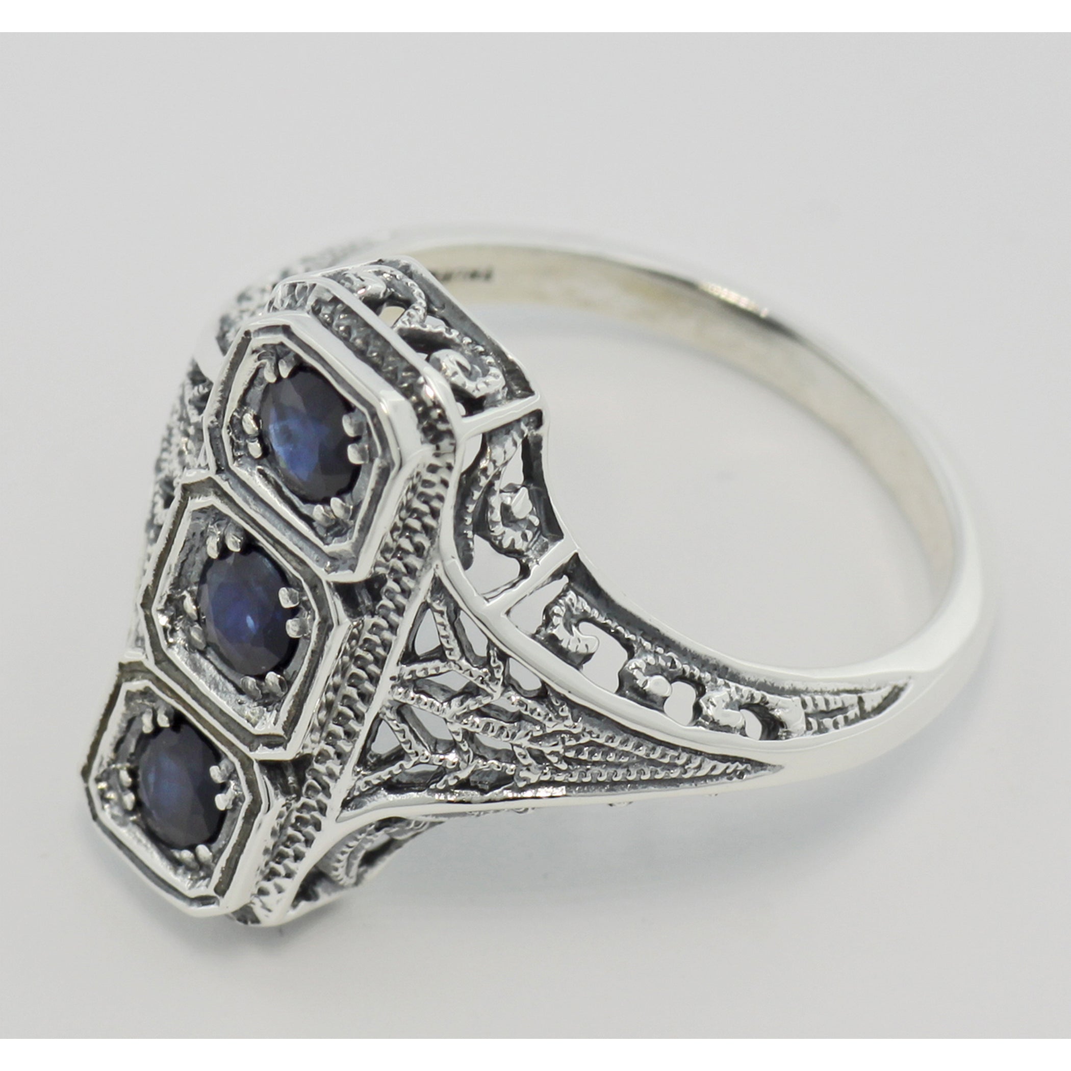 Back view of Filigree Ring w/ Sapphire showing 925 sterling silver hallmark