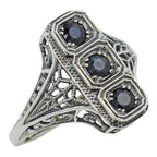 Filigree, Sapphire, sterling silver rings, front view