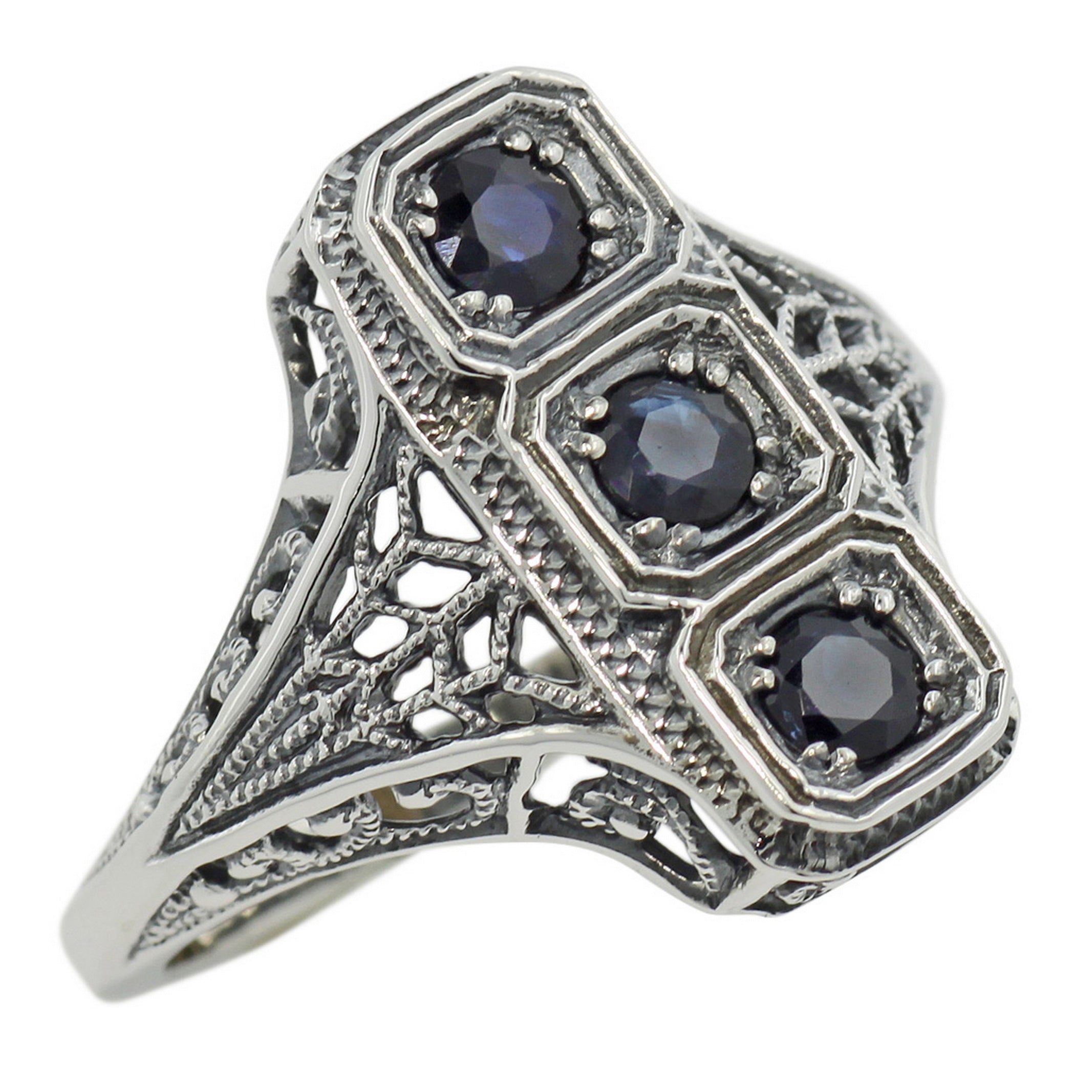Filigree, Sapphire, sterling silver rings, front view