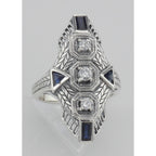 Detail view of Art Deco Style Filigree Ring Genuine Sapphires CZ highlighting Sapphire, CZ