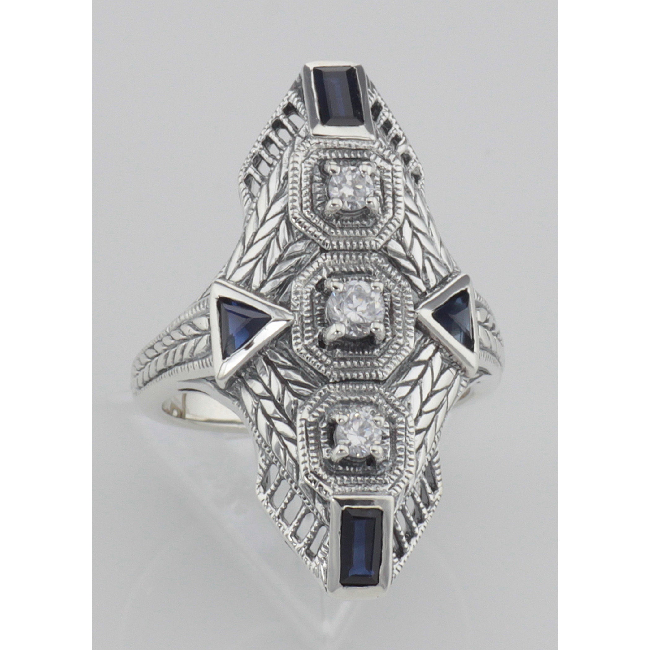 Detail view of Art Deco Style Filigree Ring Genuine Sapphires CZ highlighting Sapphire, CZ