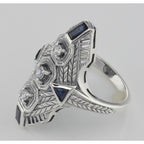 Back view of Art Deco Style Filigree Ring Genuine Sapphires CZ showing 925 sterling silver hallmark