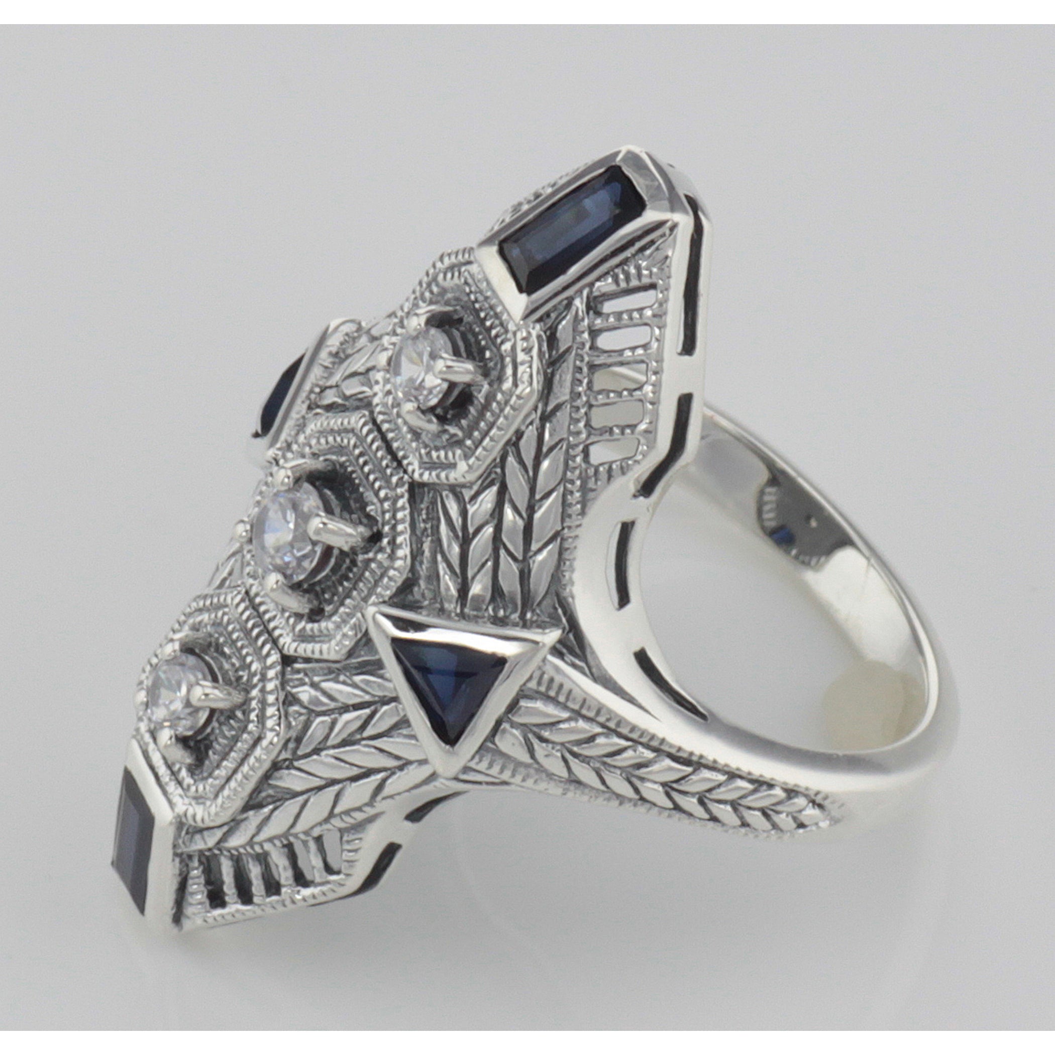 Back view of Art Deco Style Filigree Ring Genuine Sapphires CZ showing 925 sterling silver hallmark
