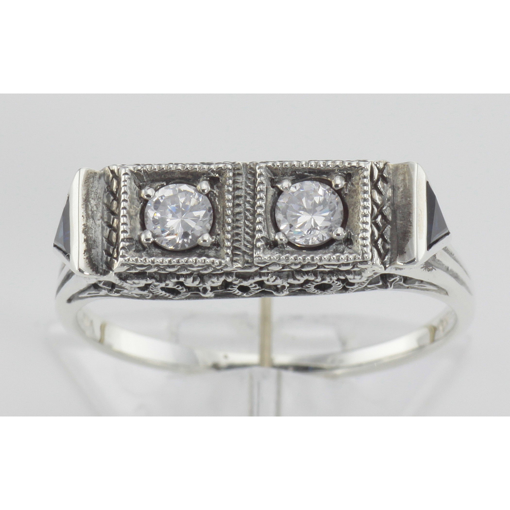 Detail view of Art Deco Style White Topaz Filigree Ring 2 Blue Sapphire Sterling Silver highlighting White Topaz, Sapphire