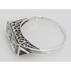 Back view of Art Deco Style White Topaz Filigree Ring 2 Blue Sapphire Sterling Silver showing 925 sterling silver hallmark