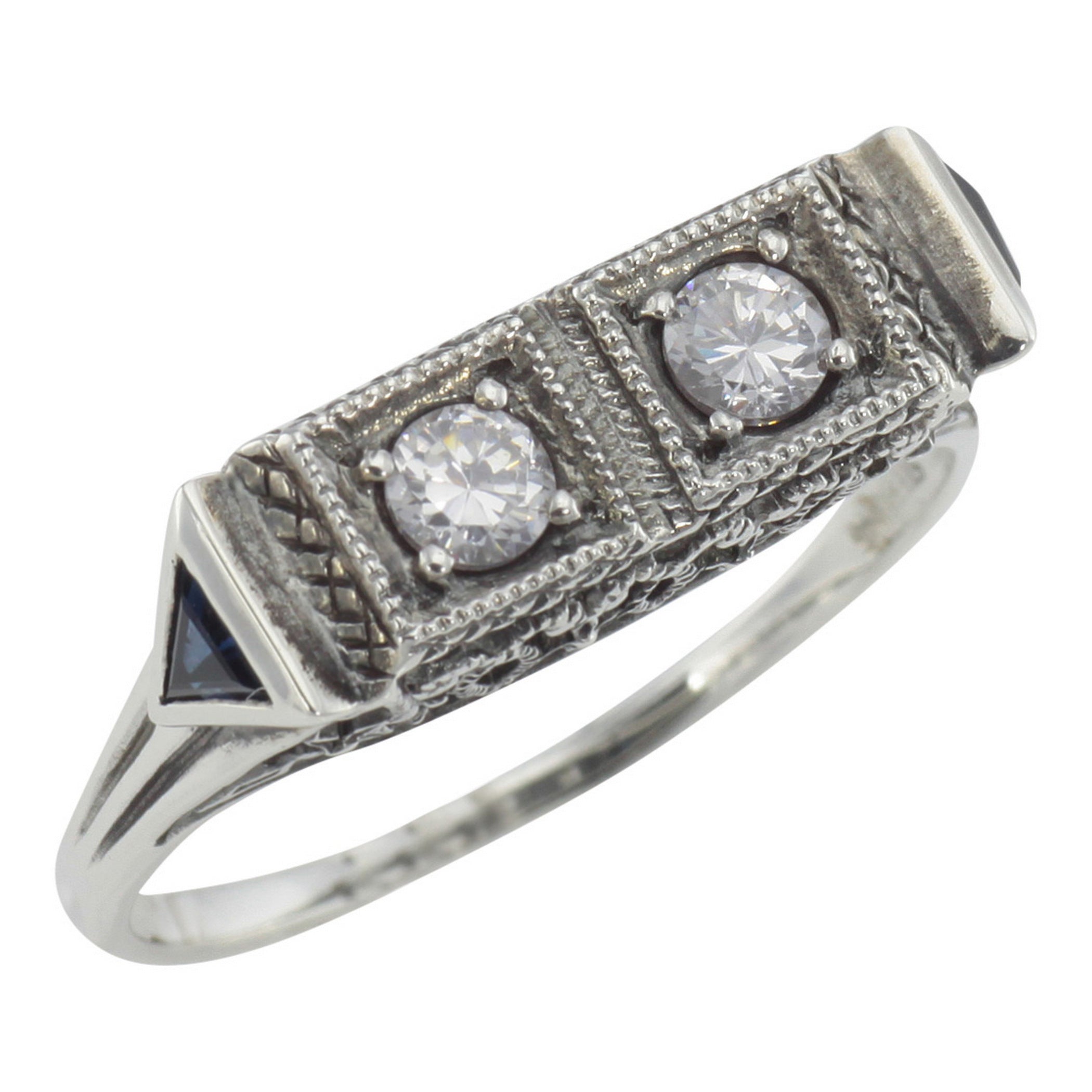 Art Deco style, White Topaz, Sapphire, sterling silver rings, front view