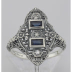 Detail view of Art Deco Style Filigree Ring Blue Sapphires and 3 Diamonds Sterling Silver highlighting Sapphire, Diamond
