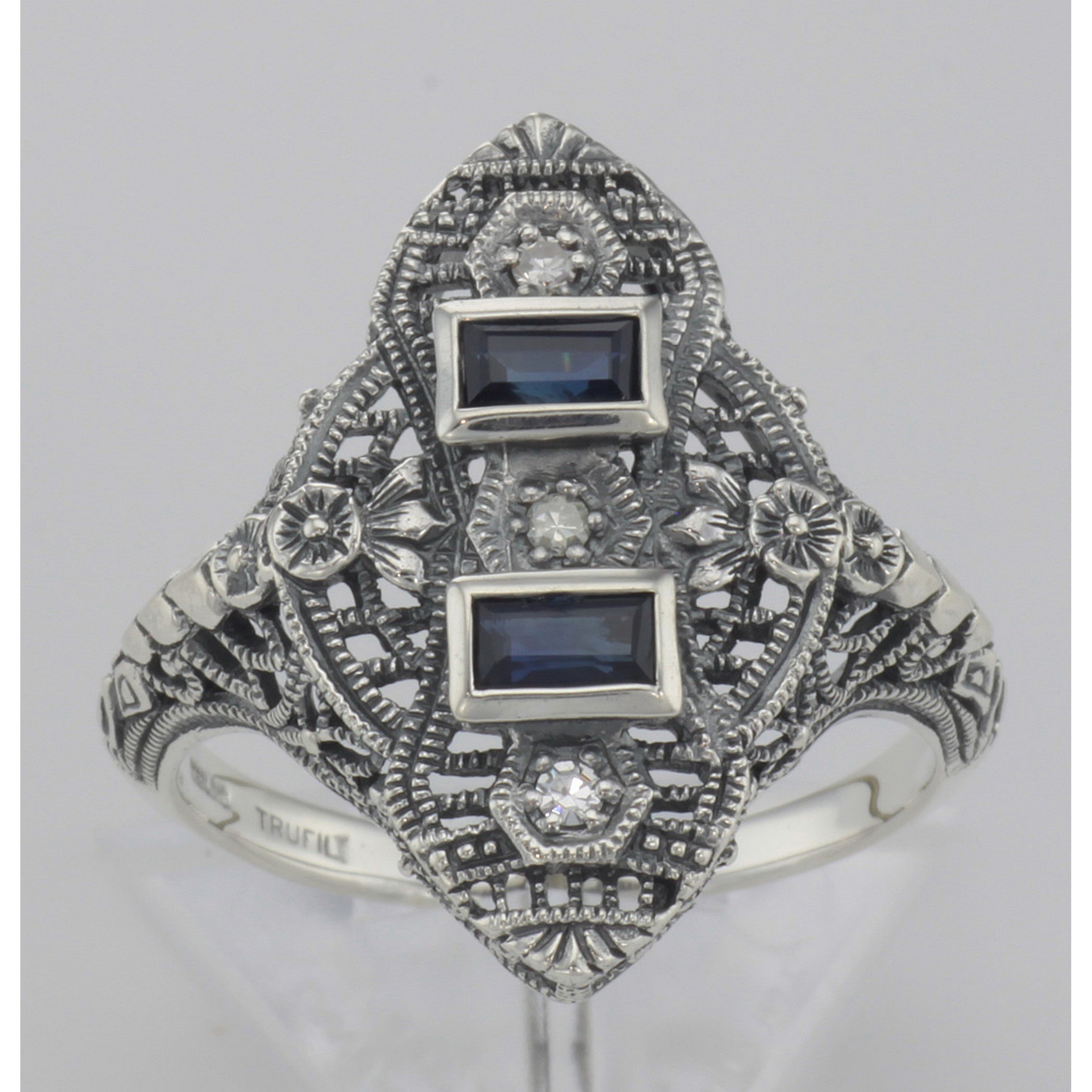 Detail view of Art Deco Style Filigree Ring Blue Sapphires and 3 Diamonds Sterling Silver highlighting Sapphire, Diamond